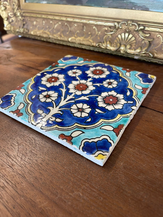 Hand-Painted Glazed Ceramic Tile with Ottoman Floral Motif in Cobalt and Turquoise