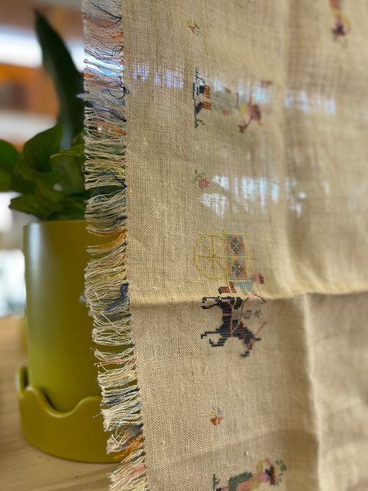 Vintage Hand-Embroidered Linen Tablecloth with Figural Motif and Fringe Border