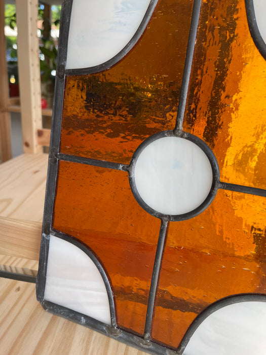 Pair of Vintage Amber and White Stained Glass Window Panels