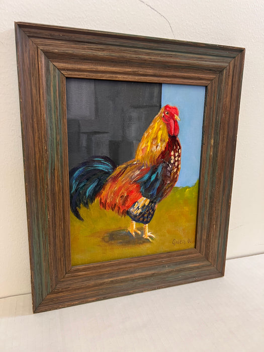 Vintage Folk Art Impressionist Style Painting of a Rooster in a Rustic Wooden Frame