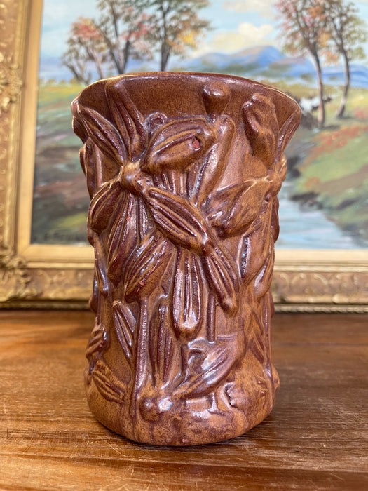 Vintage Red Wing Pottery Brown Glazed Floral Relief Vase