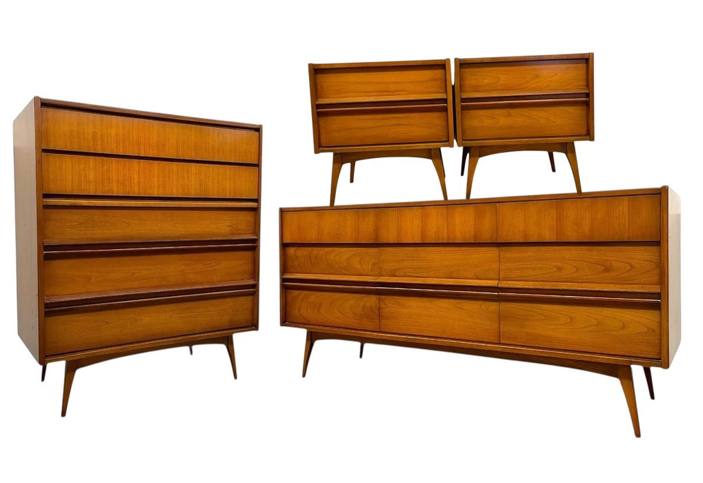 Vintage Mid-Century Modern 4-Piece Bedroom Set - 9-Drawer Lowboy Dresser, Tall Highboy Dresser & Pair of Nightstands with Sculpted Pulls and Dovetail Drawers