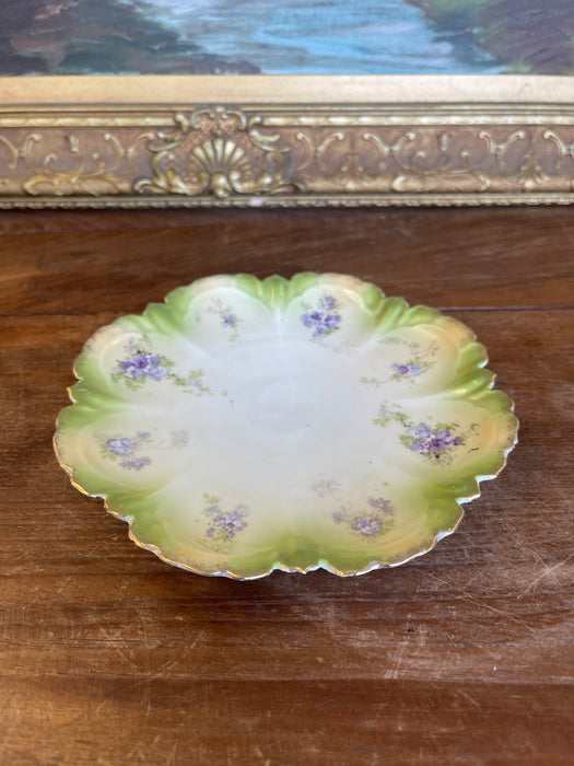 Hand-Painted Cabinet Plate with Green and Gold Toned Ombre Border and
Purple Floral Sprays