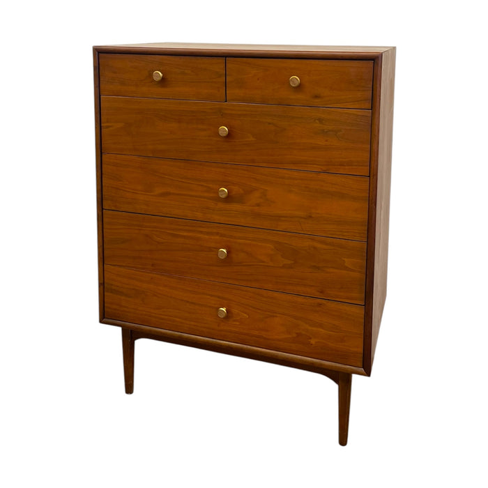 Mid-Century Modern Drexel Declaration Walnut Tallboy Dresser by Kipp Stewart – 6-Drawer MCM Chest