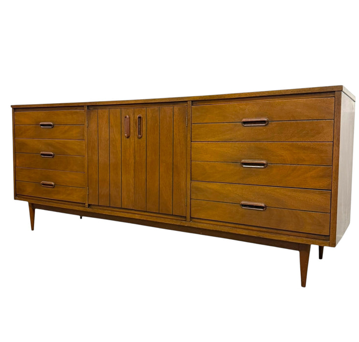 Vintage Mid Century Modern Walnut 9-Drawer Triple Dresser Dovetailed Drawers
