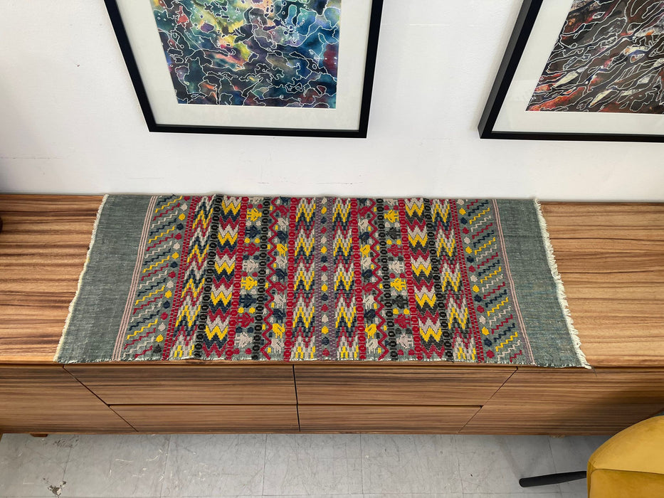 Vintage Mid Century Modern Decorative Wall Hanging Tapestry With Bright Geometric Pattern.