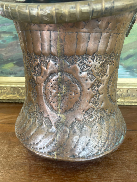 Possibly 19th Century Hand-Hammered Copper and Brass Toned Ash Bucket with Repoussé and Pierced Decoration.