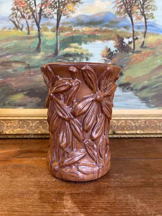 Vintage Red Wing Pottery Brown Glazed Floral Relief Vase