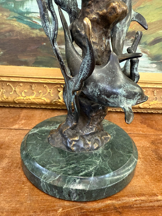 Vintage Mid Century Modern Style Bronze Toned Dolphin Sculpture on Green Marble like Base Nautical Ocean