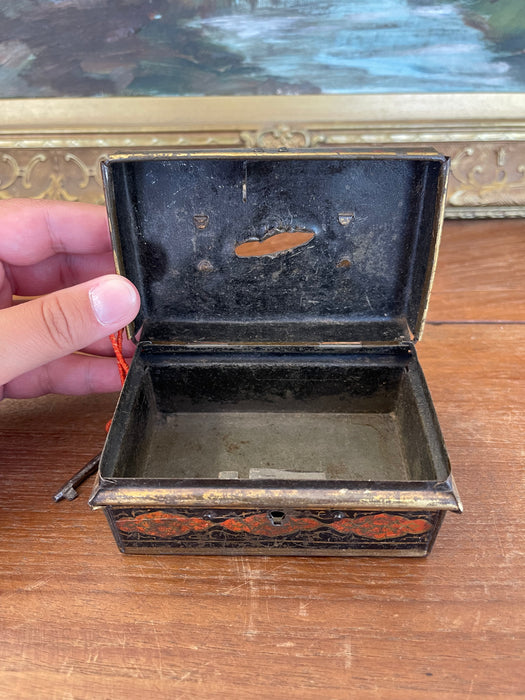 Likely Antique Toleware Painted Tin Lock Box with Key, 19th Century