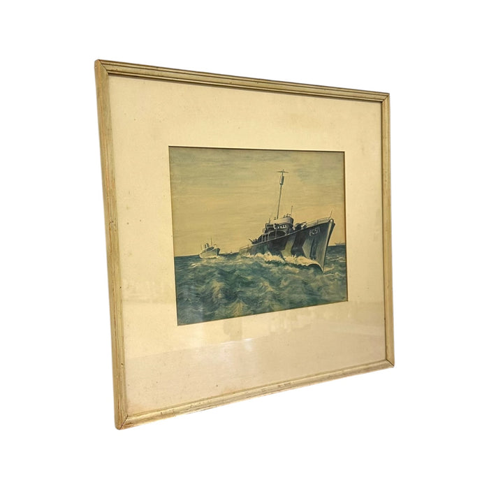 Original WWII US Navy PC-571 Submarine Chaser Gouache Painting – Vintage Framed Maritime Military Art