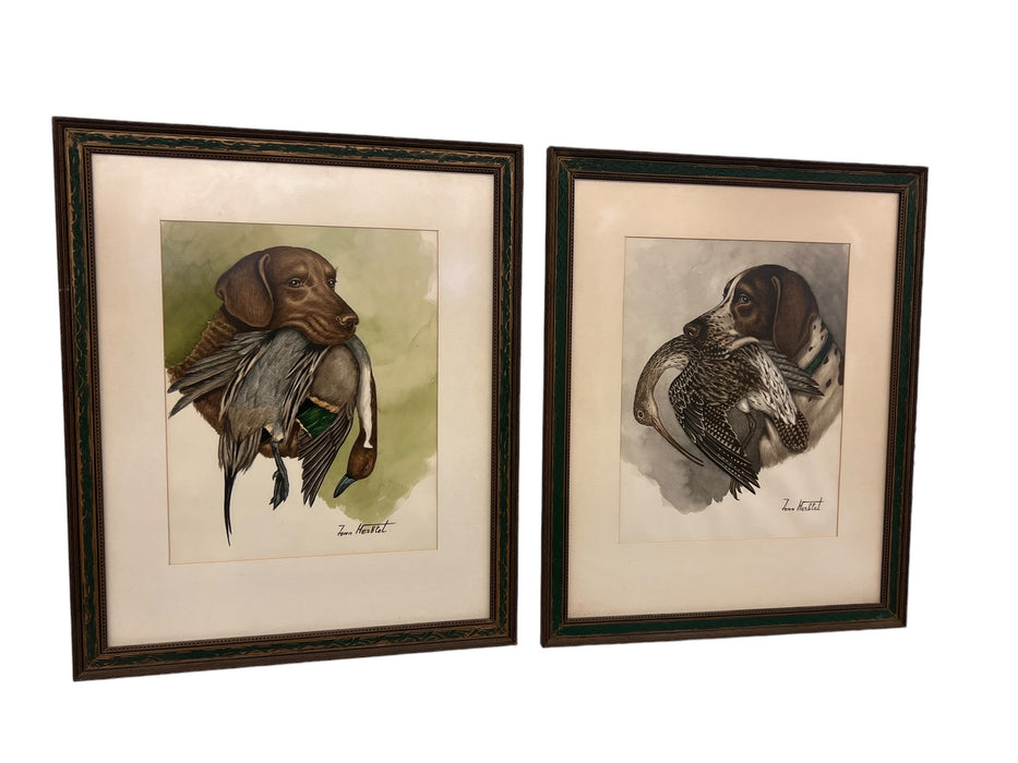 Pair of Original Hunting Dogs with Foul Watercolor Painting by French Artist and Cartoonist Jean Herblet Signed