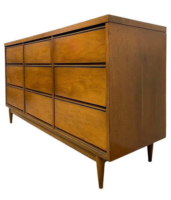 Mid Century Modern 9 Drawer Lowboy Dresser with Dovetail Drawers and Tapered Legs