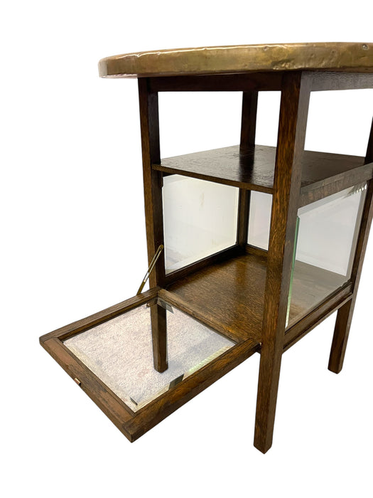 Vintage Arts & Crafts Side Table with Hammered Brass Tray Top and Glass Display Cabinet