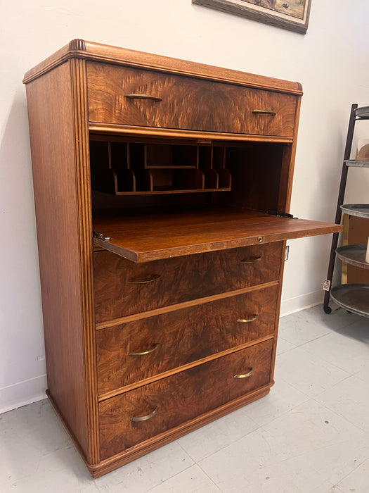 Vintage Art Deco Retro Figured walnut Burl wood Dresser With Fold out Writing Desk with Original Handles Brass Finished