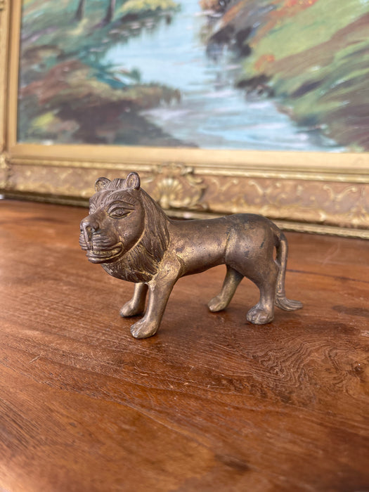 Likely Antique Possibly Hand-Cast Bronze Toned Lion Figurine with Folk Art Styling