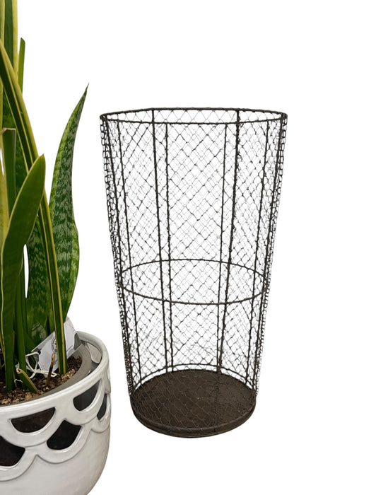 Vintage Industrial Wire Mesh Metal Trash Can / Waste Basket - Tapered Cylindrical Open-Top Bin