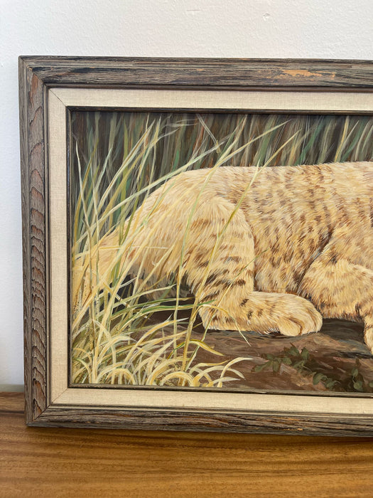 Vintage Original Framed and Signed Painting of Lion Cub by Lori Benton . Circa 1988s.