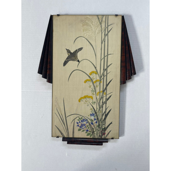 Bird Flying Through Flowers Scene Silk Painting With Art Deco Frame