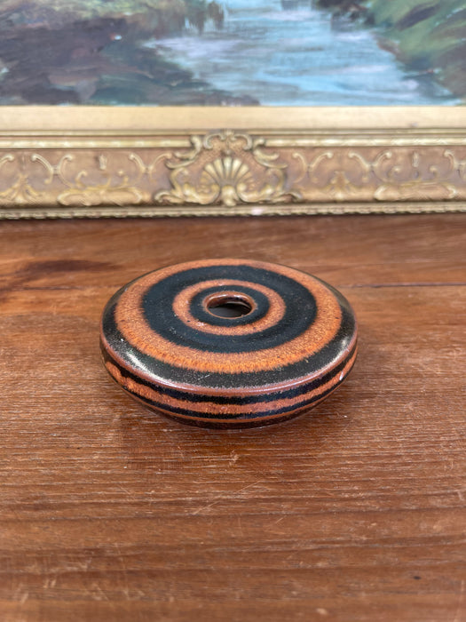 Signed Hank Greer Studio Pottery Donut Vase with Brown and Black Oxide Rings