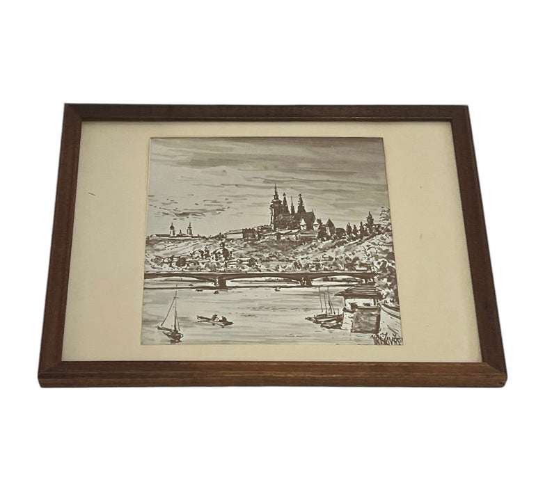 Vintage Framed Art Print depicting a town overlooking a body of water