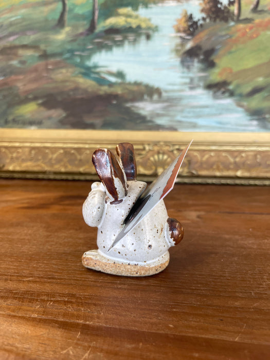 Handmade Studio Pottery Bunny Card Holder with Brown Glaze Accents.