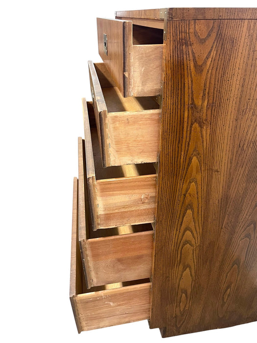 Vintage Campaign Style Five Drawer Dresser by Dixie with Brass-Toned Hardware and Dovetailed Drawers