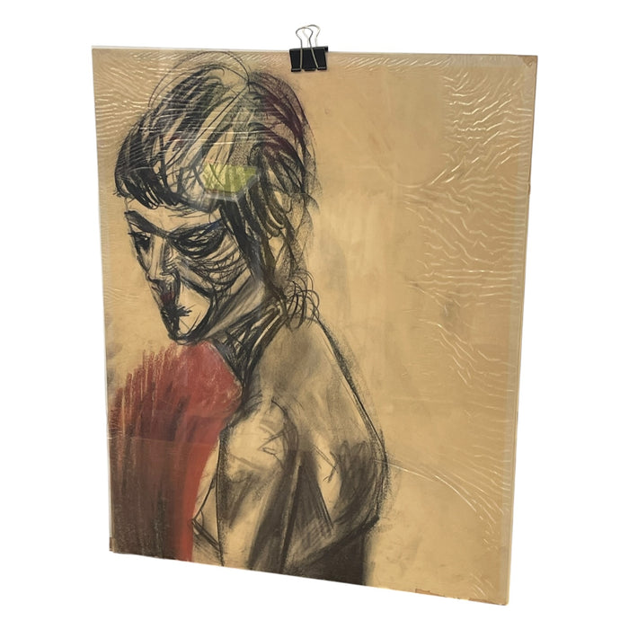 Vintage Charcoal Portrait Drawing of a Woman on Paper, Modern Figurative Artwork
