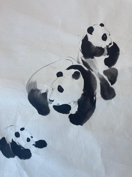 Vintage Chinese Brush Painting of Panda Family by J.P. Gaston - Sumi-e Style Wildlife Ink Art on Rice Paper.
