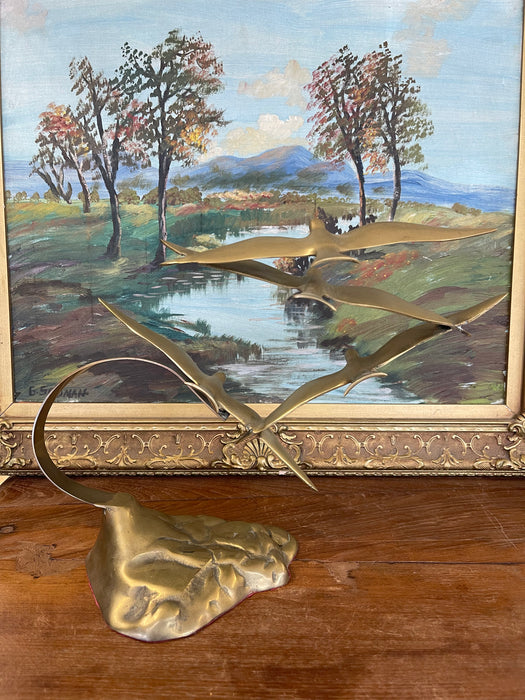 Vintage Mid-Century Modern Brass Toned Seagull Sculpture on Rocky Base