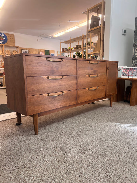 Vintage Mid Century Modern Solid Walnut Dresser with Six Drawers and aCabinet Brass Hardware by Lane Furniture Altavista Line