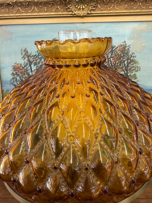Vintage Amber Glass Hurricane Lamp with Diamond Point Hobnail Pattern with Ornate Metal Toned Base, Mid Century Modern Accent Lighting