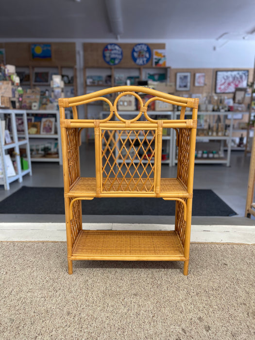 1970s Vintage Likely Rattan and Wicker Shelf with Diamond Lattice Sides and Circle Motif