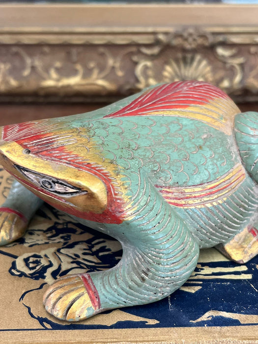 Vintage hand carved and hand painted wooden Frog Figurine