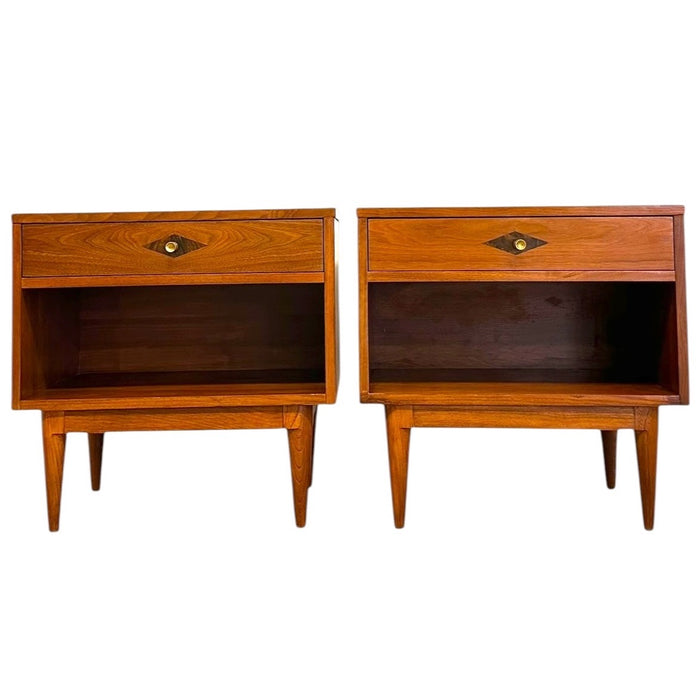 Vintage Mid-Century Modern Walnut 4-Piece Bedroom Set With Diamond Parquet Accent Inlay– Highboy, Long Dresser, & End Table Set