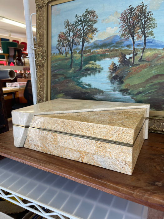 Vintage Possibly Tessellated Stone and Brass Toned Inlay Jewelry or Keepsake Box with Velvet-like Interior.