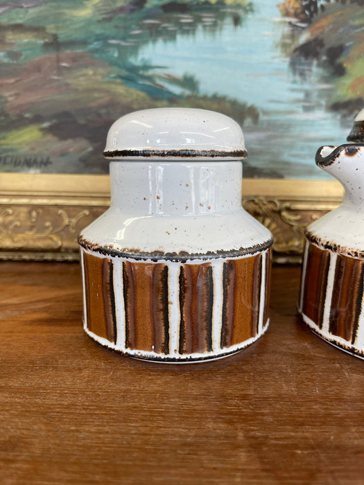 Vintage Mid-Century Modern Midwinter Pottery Creamer and Lidded Sugar Bowl Set, Hand-Painted in England