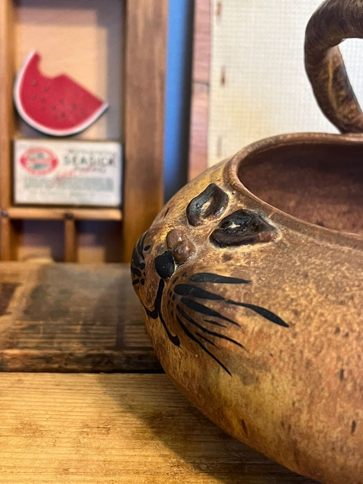 Vintage Handmade and signed Cat Bowl with handle.