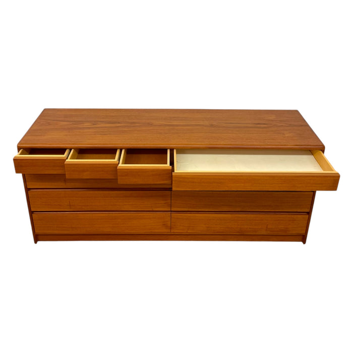 Vintage Mid Century Modern Teak Long Lowboy Double Dresser Credenza.