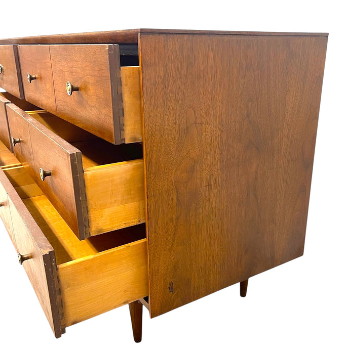 Vintage Mid-Century Modern 6-Drawer Walnut Dresser with Brass Toned Hardware