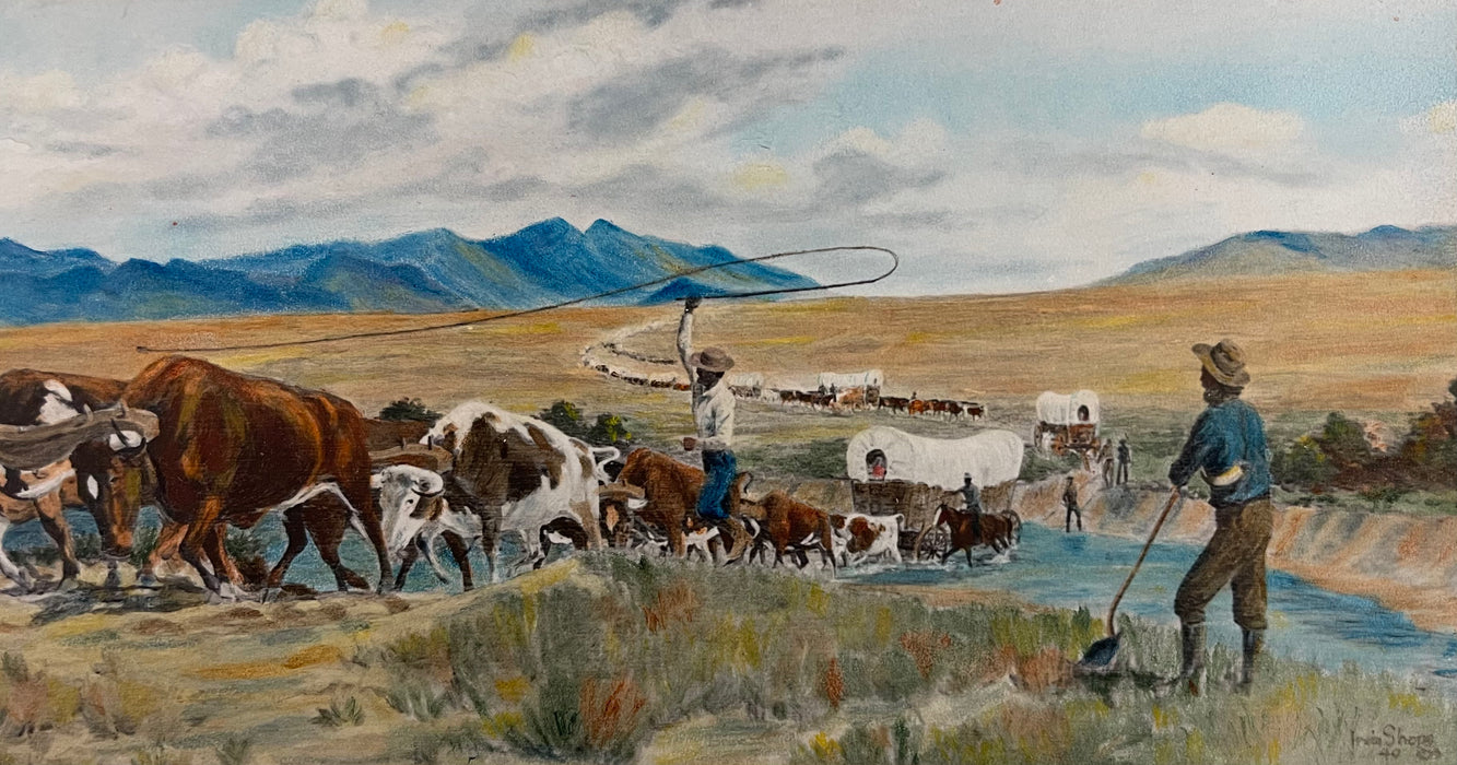 Vintage Western Pioneer Wagon Train Landscape Painting, Signed, Oregon Trail
Americana