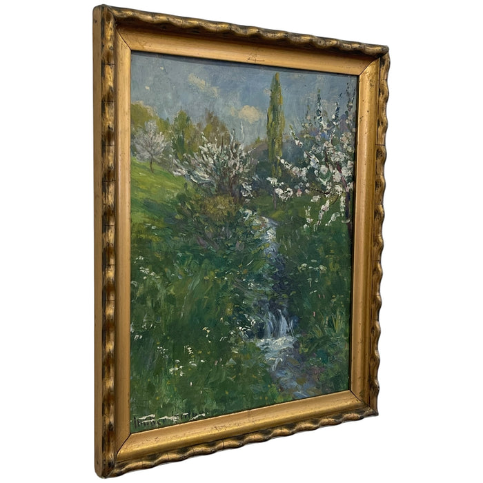Vintage Impressionist Spring Landscape Painting with Stream in Gilt Toned Frame.