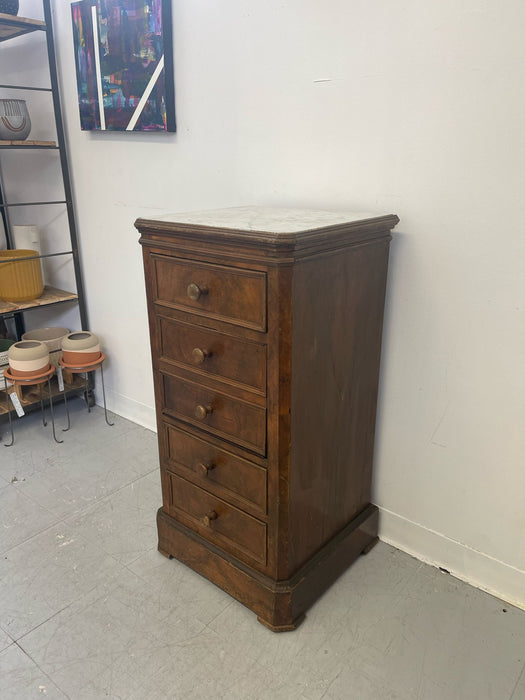 Vintage French Style Burl Wood Cabinet Nightstand With Marble Top.