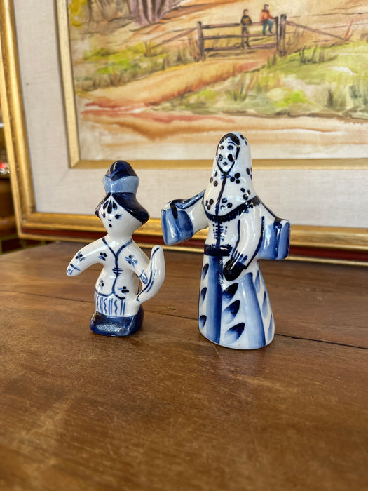 Vintage Blue and White Porcelain Figurine Pair, Hand-Painted Folk Figures