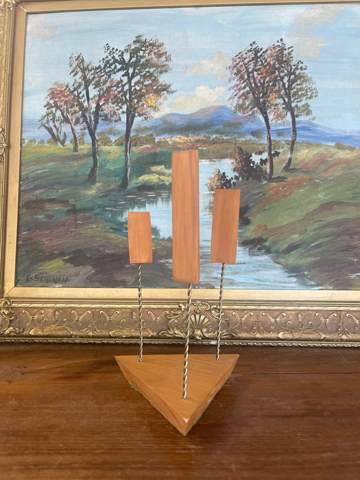 Mid-Century Modern Possibly Teak and Twisted Metal Triple Candle Holder with Geometric Base
