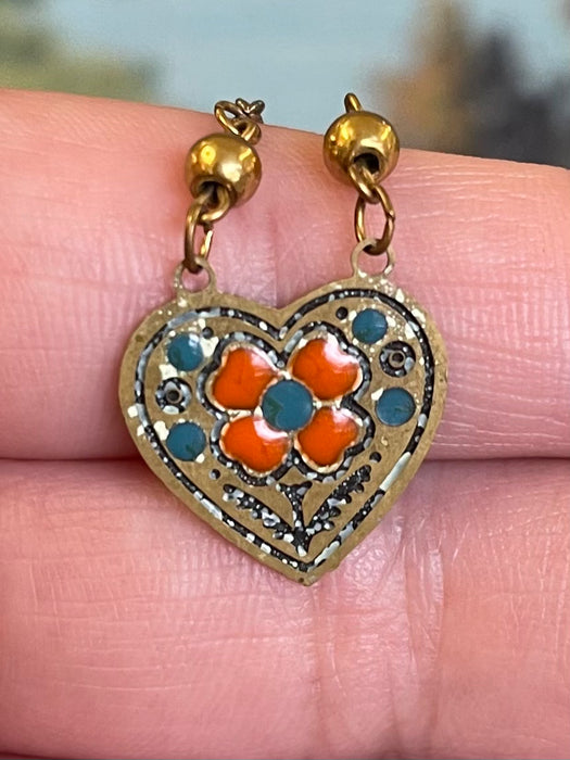 Vintage Heart-Shaped Choker with Enamel Floral Motif on Mixed-Metal Chain