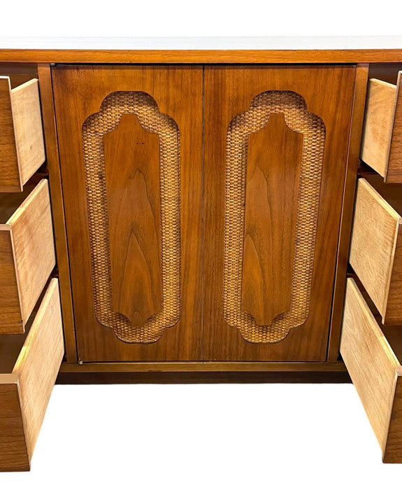Vintage Mid Century Modern Walnut Toned Credenza with Cane Door Front and Dovetailed Drawers