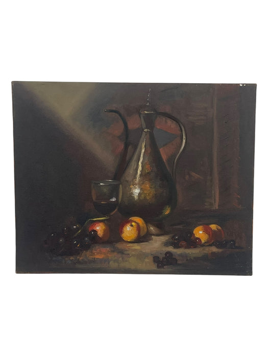 Vintage Still Life Oil Painting with Fruit and Wine Goblet on Canvas