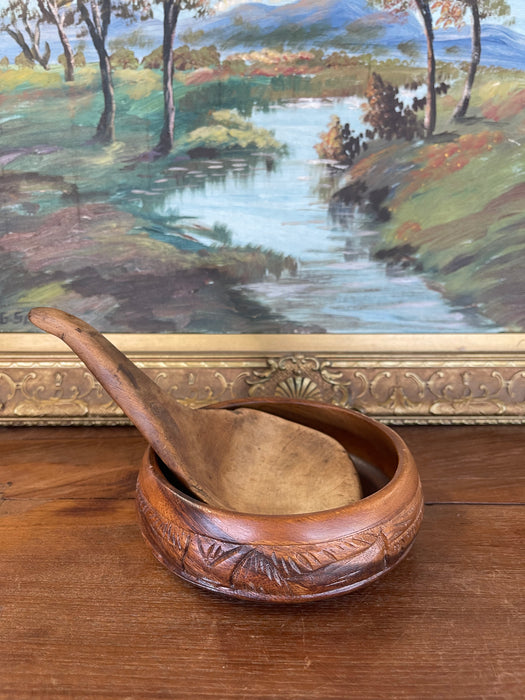 Antique 19th Century Hand-Carved Decorative Wooden Ladle Spoon with Sculptural Curved Handle.