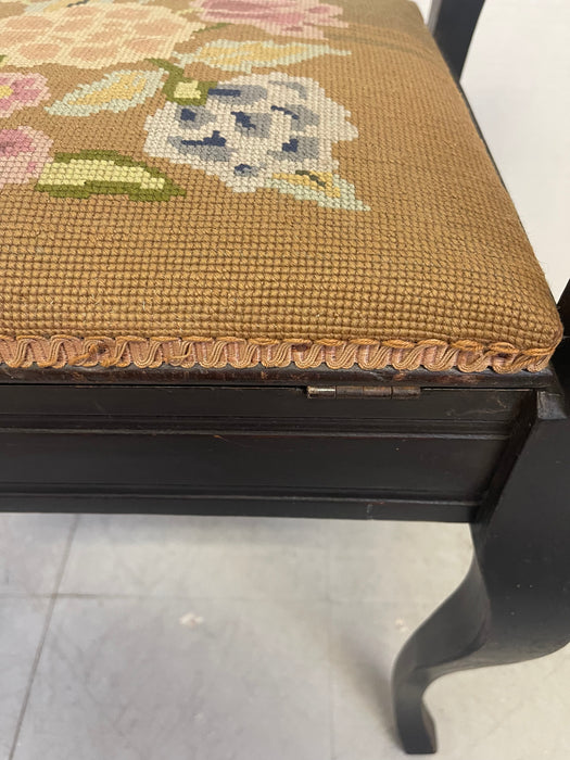 Vintage UK Imported Black Toned Wood Needlepoint Stool Upholstered Accent Bench with Storage on Cabriole Legs